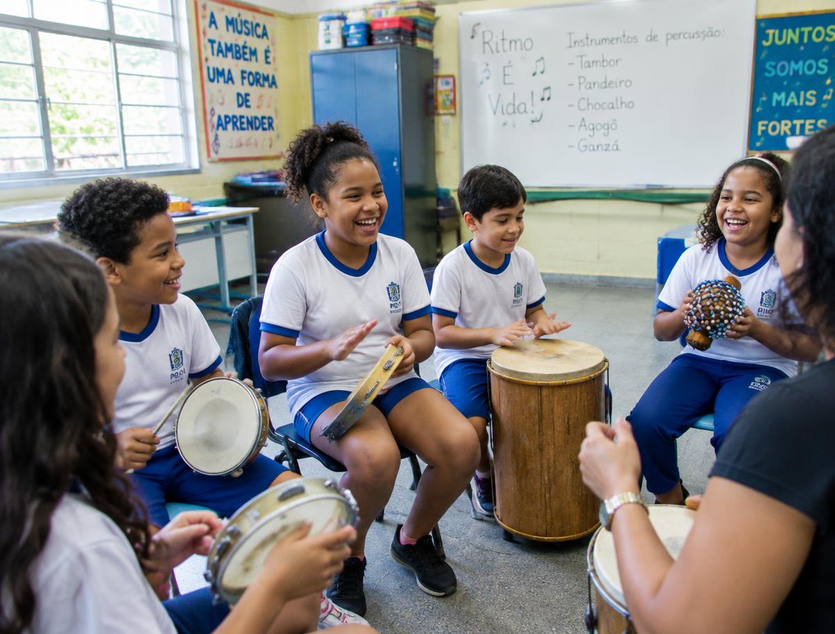 Crianças em aula de musicalização em escola pública